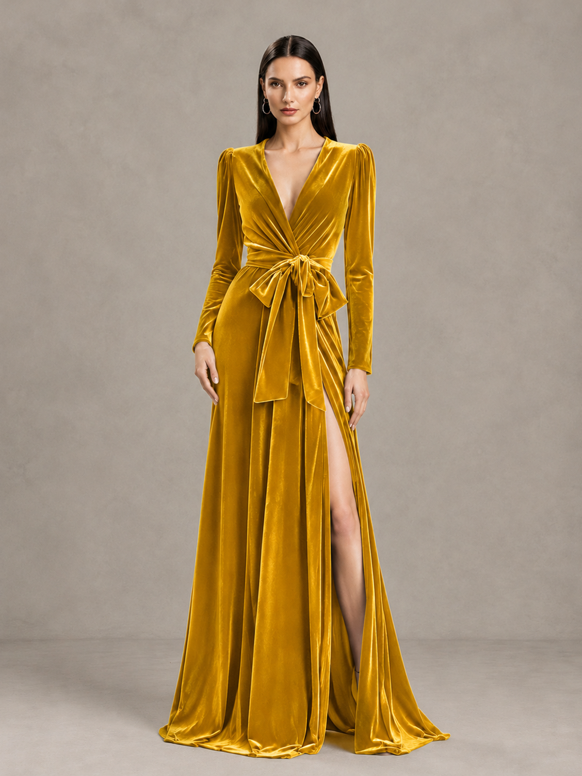 BOLODOO Gold Long Sleeve Velvet-Look Evening Dress with High Slit - Gold - Gold_4