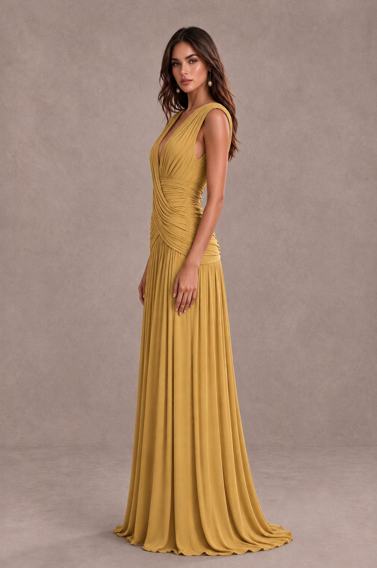 BOLODOO Gold V-Neck Ruched Wedding Guest Dress - Gold - Gold_4