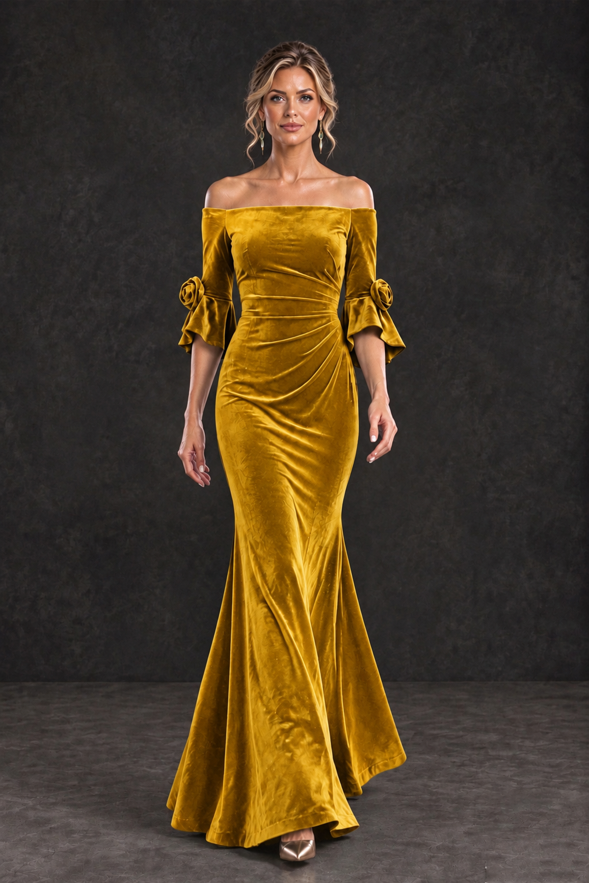 BOLODOO Gold Velvet Off-Shoulder Mother of the Bride Dress – 3/4 Floral Cuff Sleeve Mermaid Evening Gown - Gold - Gold_4