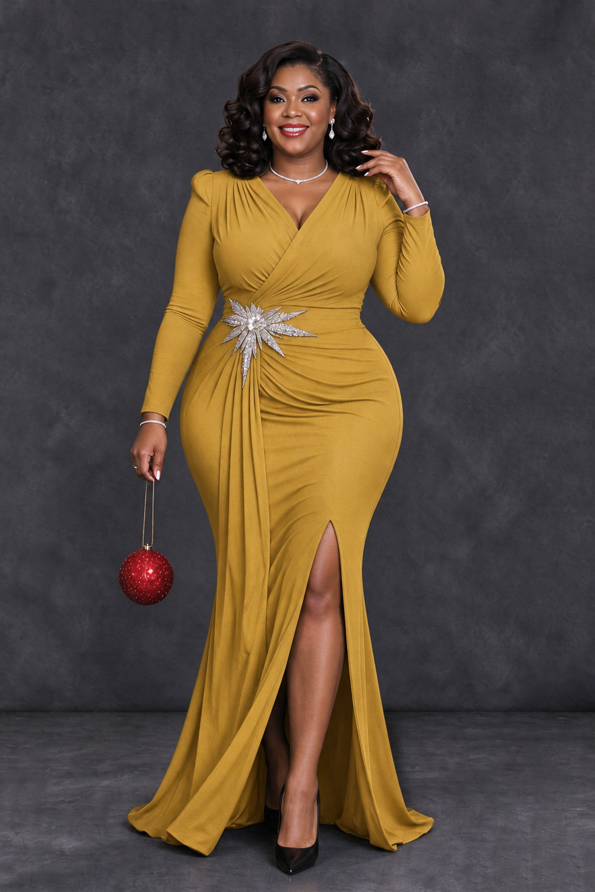 BOLODOO Gold Plus Size Long Sleeve V-Neck Mother of the Bride Dress with Slit - Gold - Gold_4