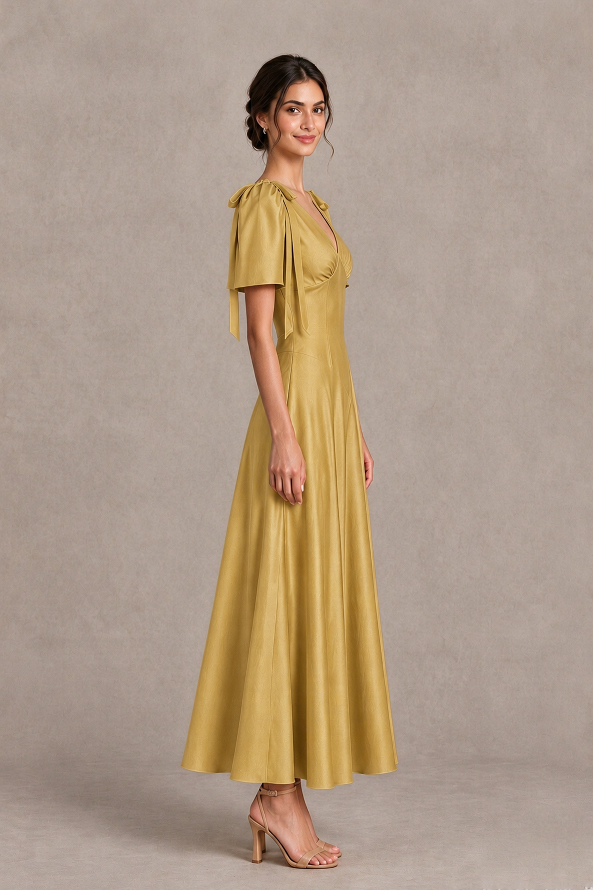 BOLODOO Gold V-Neck Short Sleeve Satin-Look Bridesmaid Dress with Shoulder Bows - Gold - Gold_4