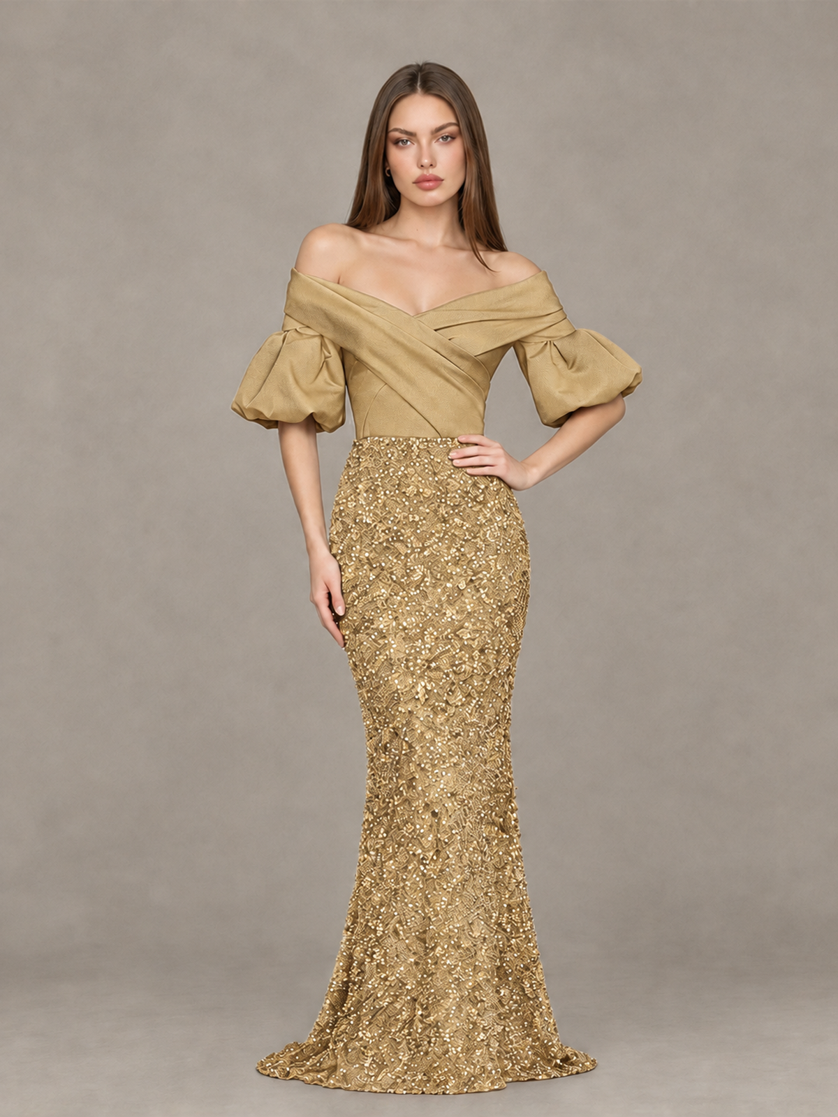 BOLODOO Gold Off-Shoulder Puff Sleeve Sequin Mermaid Evening Dress - Gold - Gold_4