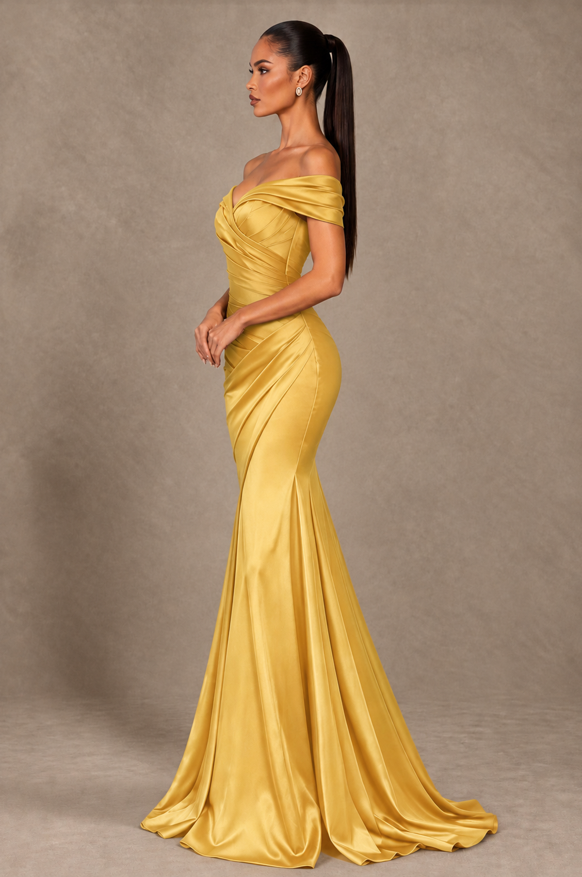 BOLODOO Gold Off-the-Shoulder Ruched Satin Mermaid Evening Dress - Gold - Gold_4