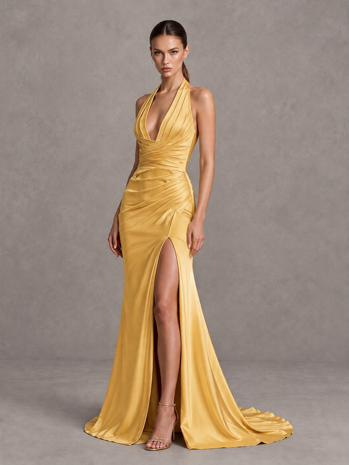 BOLODOO Gold Halter Satin Evening & Prom Dress with High Slit - Gold - Gold_4
