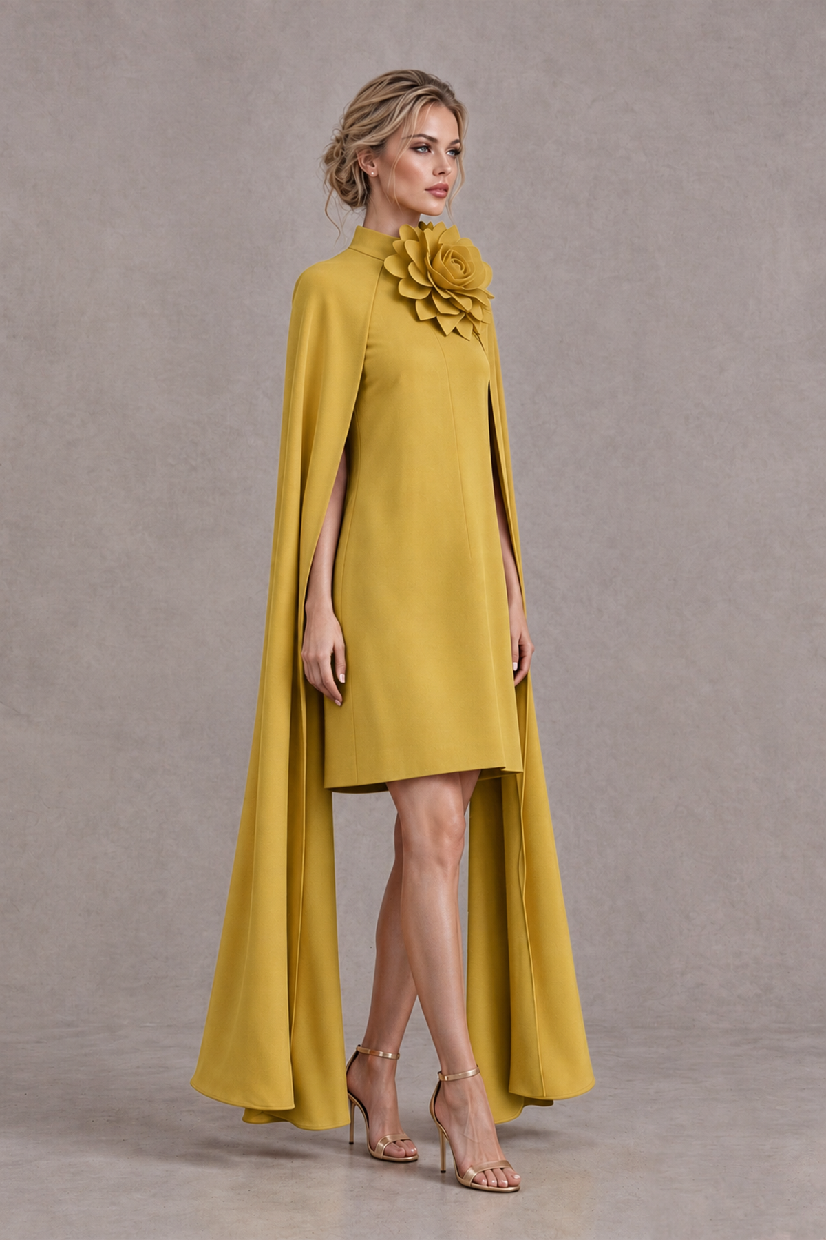 BOLODOO Gold High Neck Floral Cape Mini Cocktail Dress - Gold - Gold_4