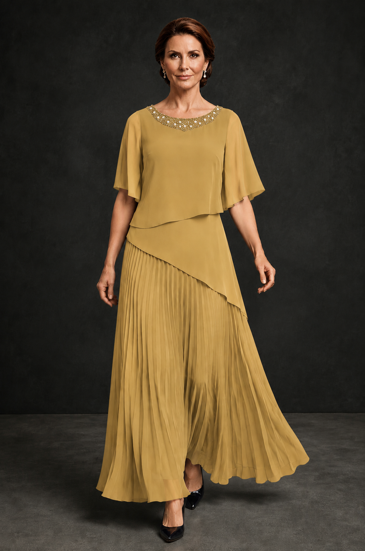 BOLODOO Gold Pearl Beaded Neck Asymmetric Tiered Flutter Sleeve Pleated Chiffon Maxi Dress - Gold - Gold_4