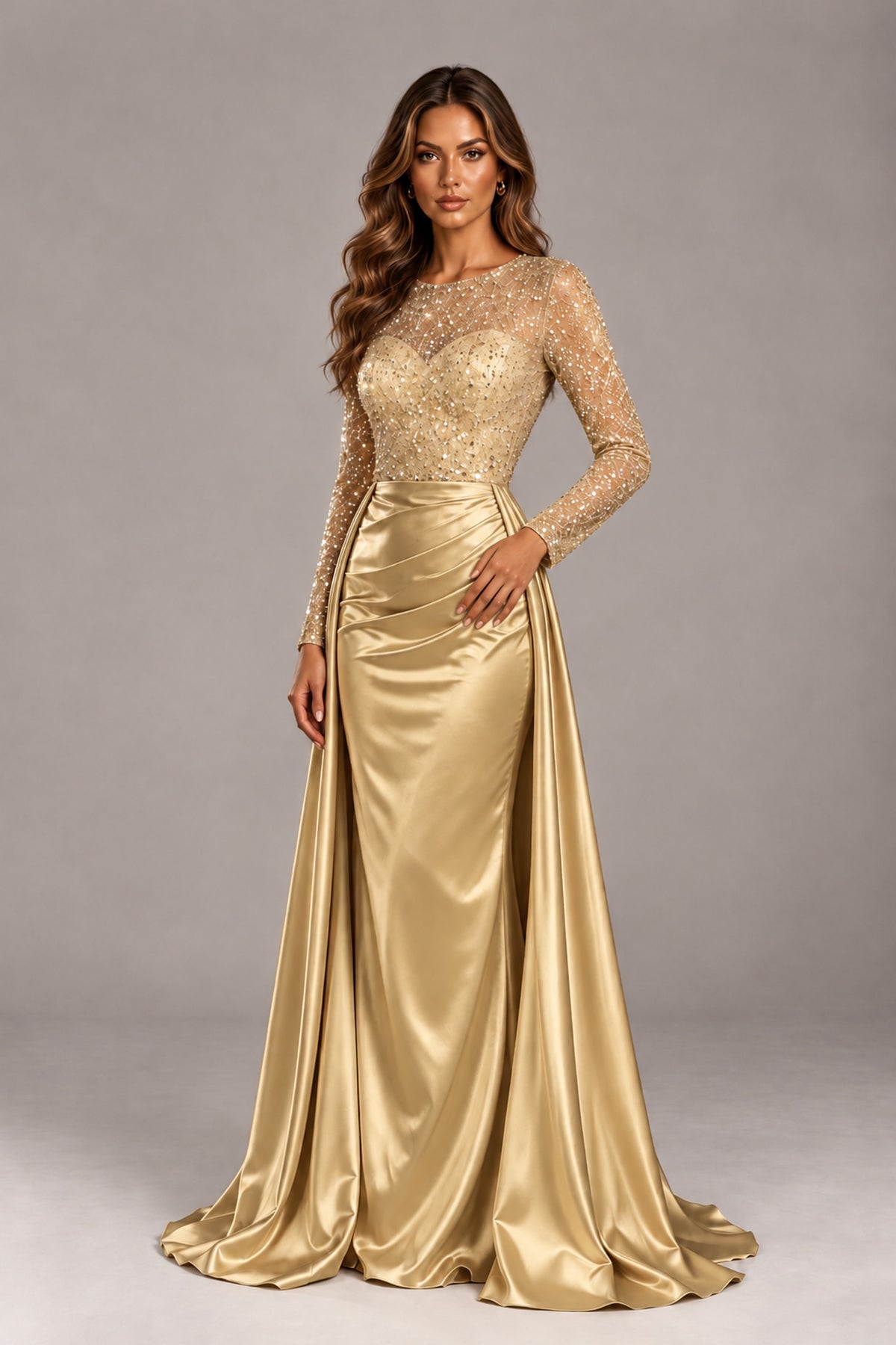 BOLODOO Gold Long Sleeve Embellished Satin Evening Gown with Sweep Train - Gold - Gold_4