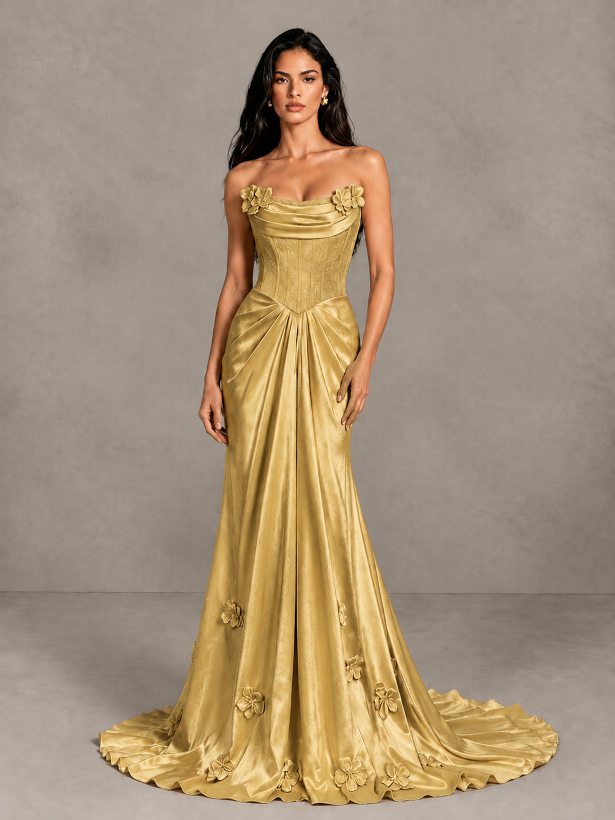 BOLODOO Gold Strapless Floral Corset Evening Gown with Train - Gold - Gold_4