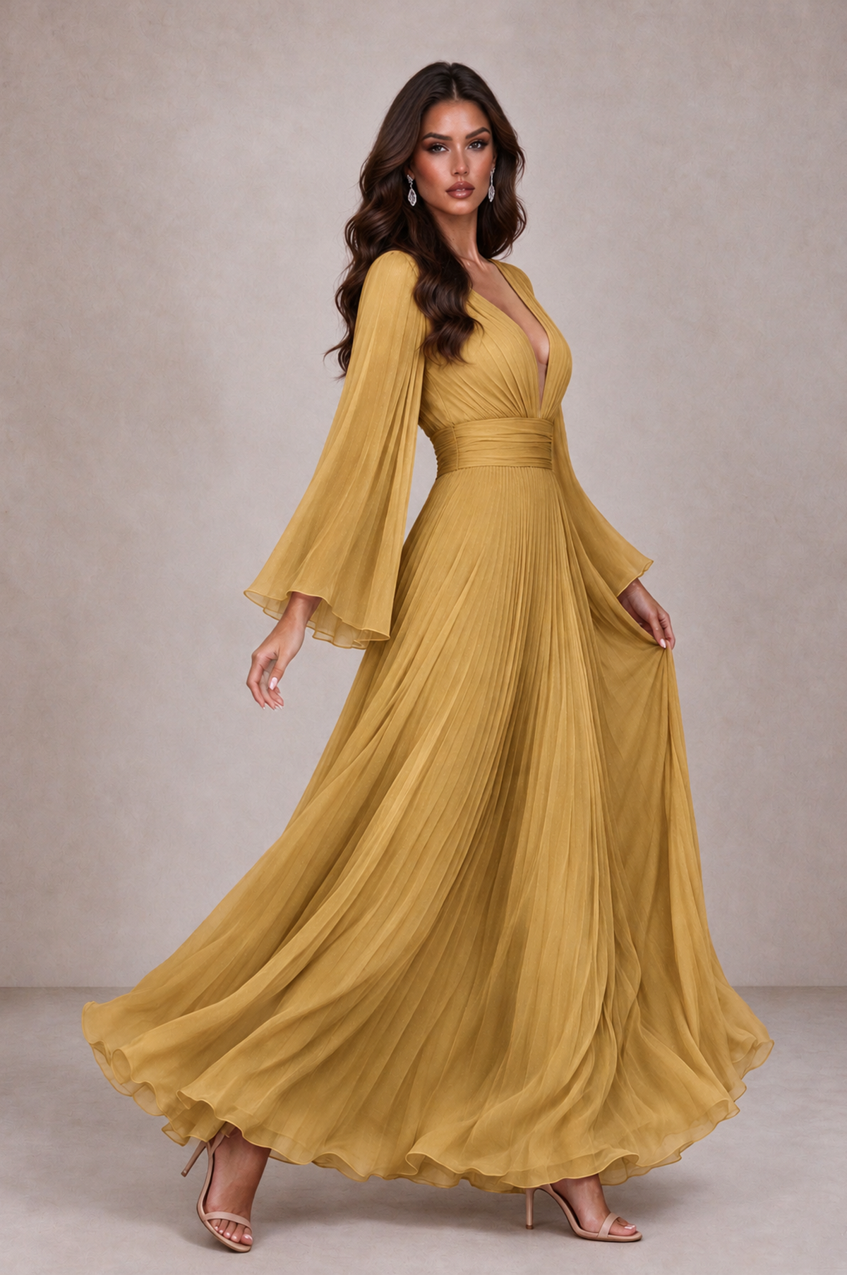 BOLODOO Gold Pleated Deep V-Neck Long Bell Sleeve Evening Dress - Gold - Gold_4