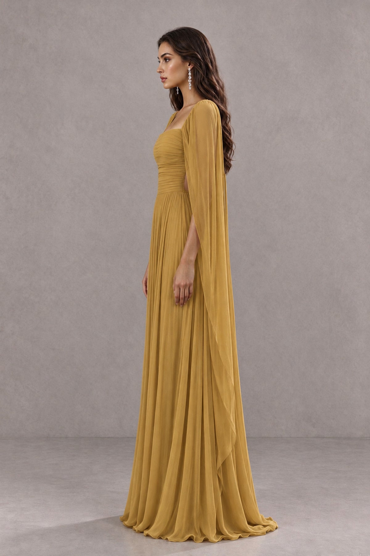 BOLODOO Gold Square Neck Cape Sleeve A-Line Evening Dress - Gold - Gold_4
