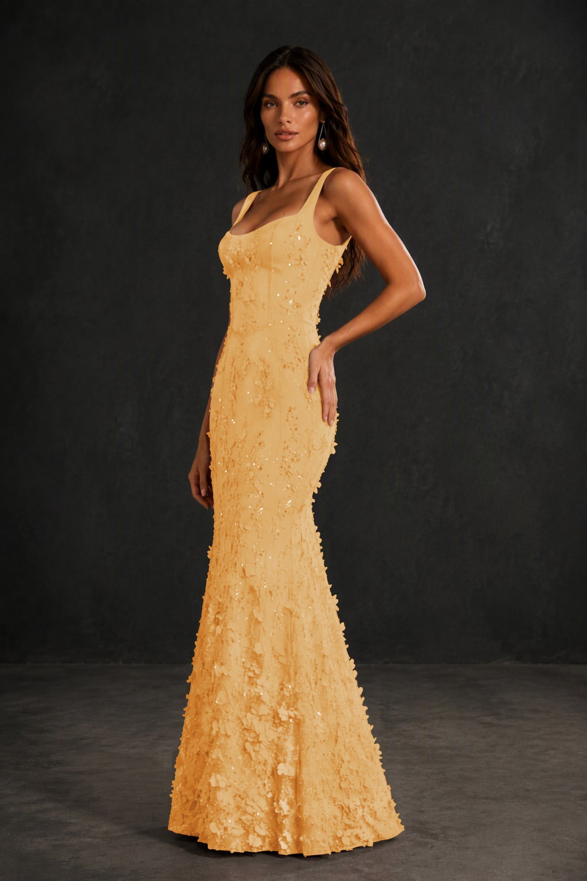 BOLODOO Gold Sequin 3D Floral Mermaid Maxi Gown – Lace-Up Back Formal Dress - Gold