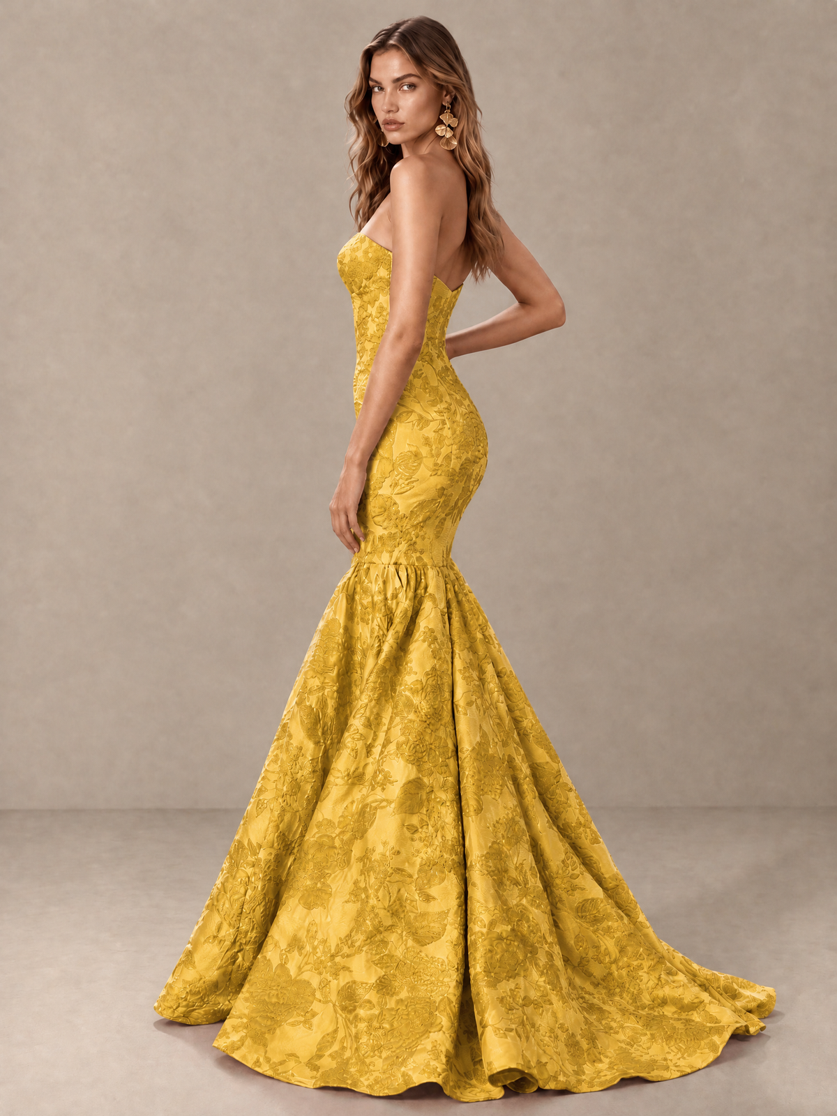 BOLODOO Gold Floral Strapless Mermaid Prom Dress with Train - Gold - Gold_4
