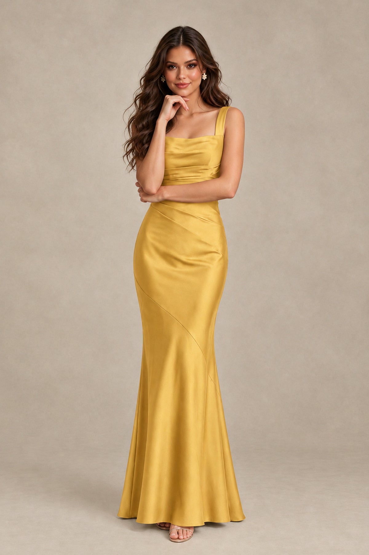 BOLODOO Gold Square Neck Ruched Satin Lace-Up Bridesmaid Dress - Gold - Gold_4