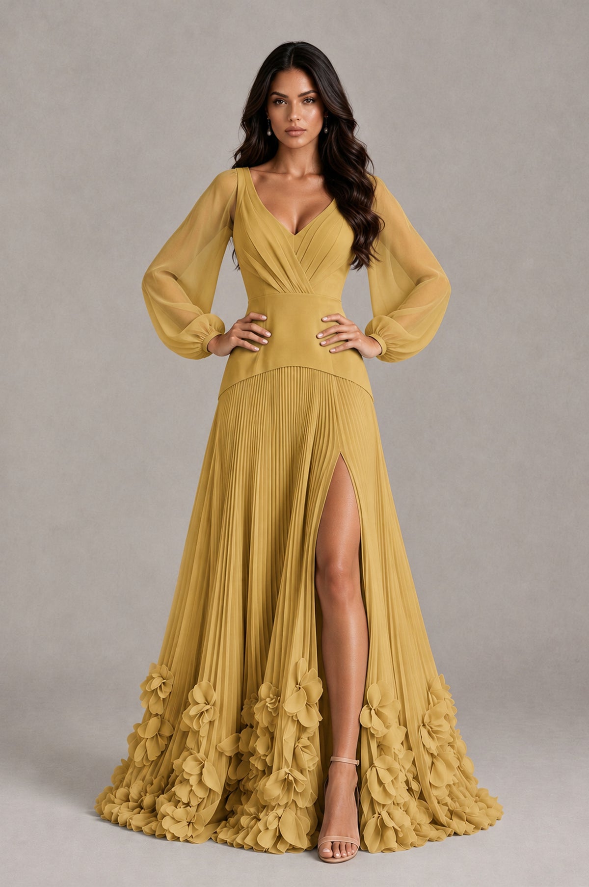BOLODOO Gold V-Neck Long Sleeve Pleated Floral Hem Evening Dress - Gold - Gold_4
