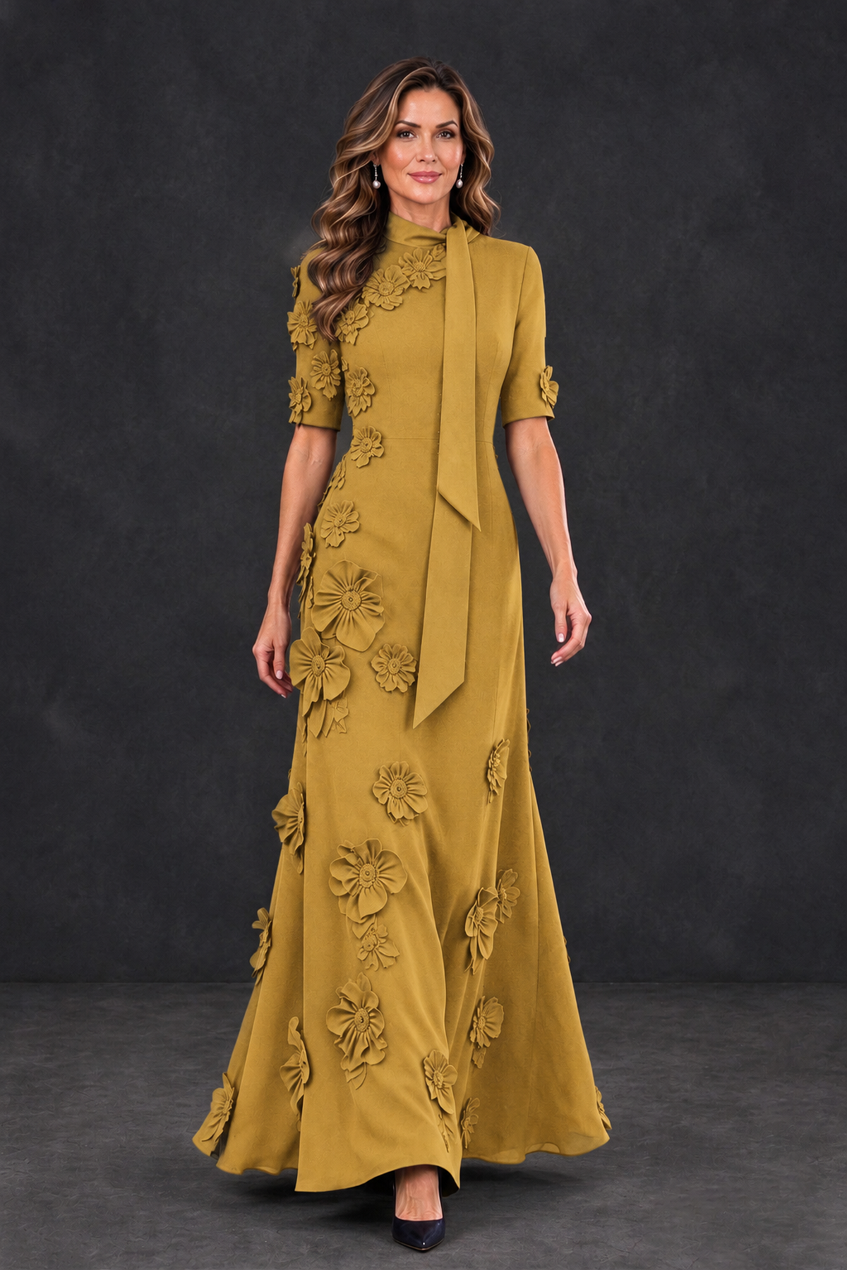 BOLODOO Gold Floral Applique High-Neck Half-Sleeve Gown - Gold - Gold_4