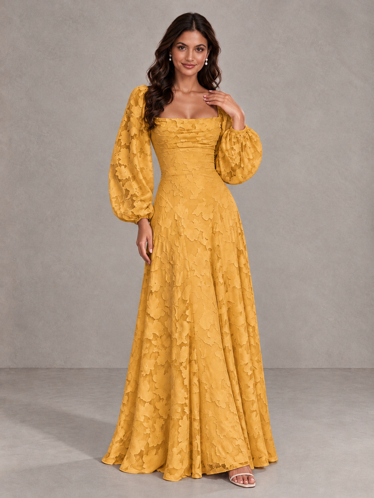 BOLODOO Gold Floral Long Sleeve A-Line Bridesmaid Dress - Gold - Gold_4