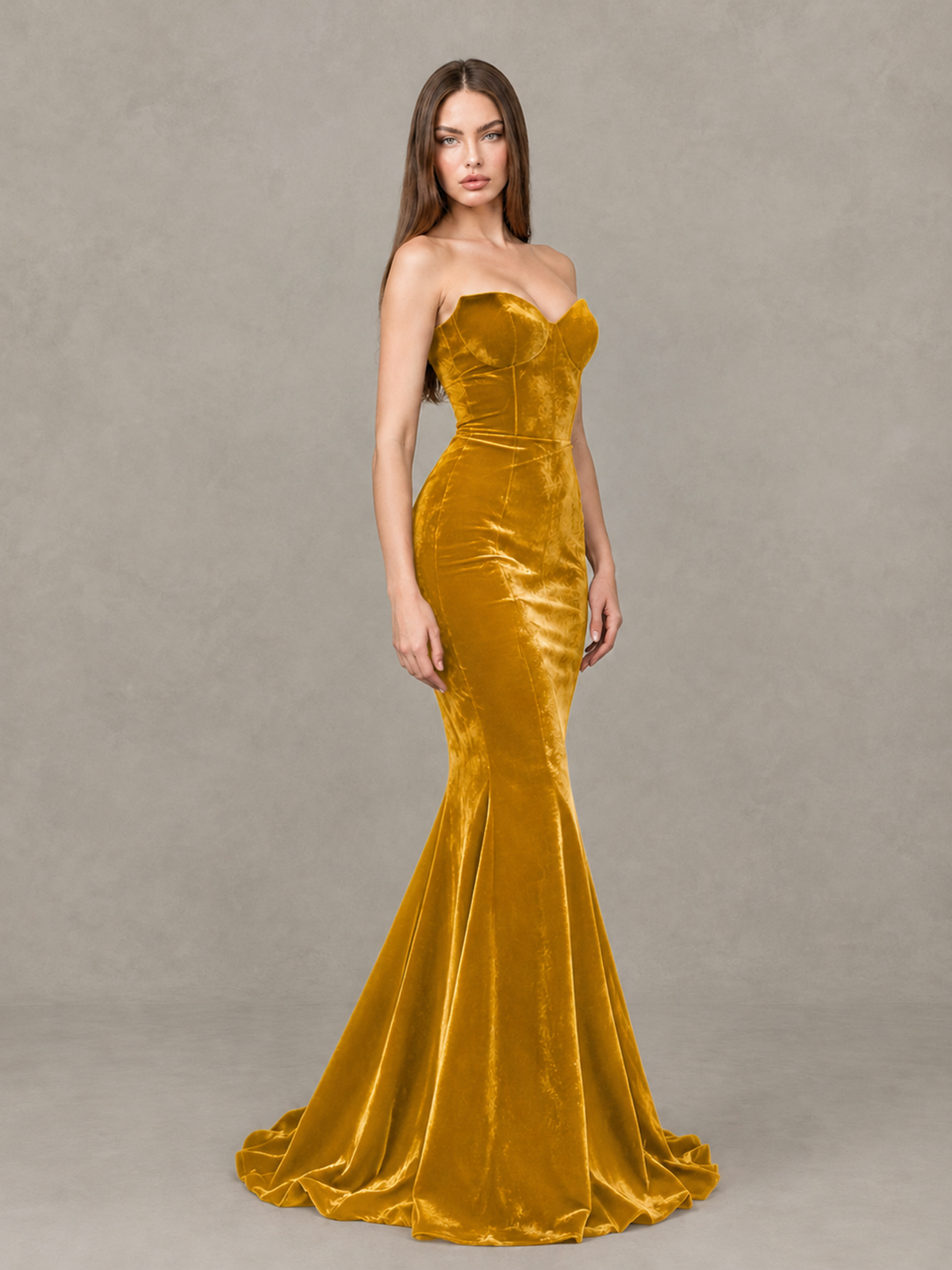BOLODOO Gold Strapless Sweetheart Velvet-Look Mermaid Evening Dress - Gold - Gold_4