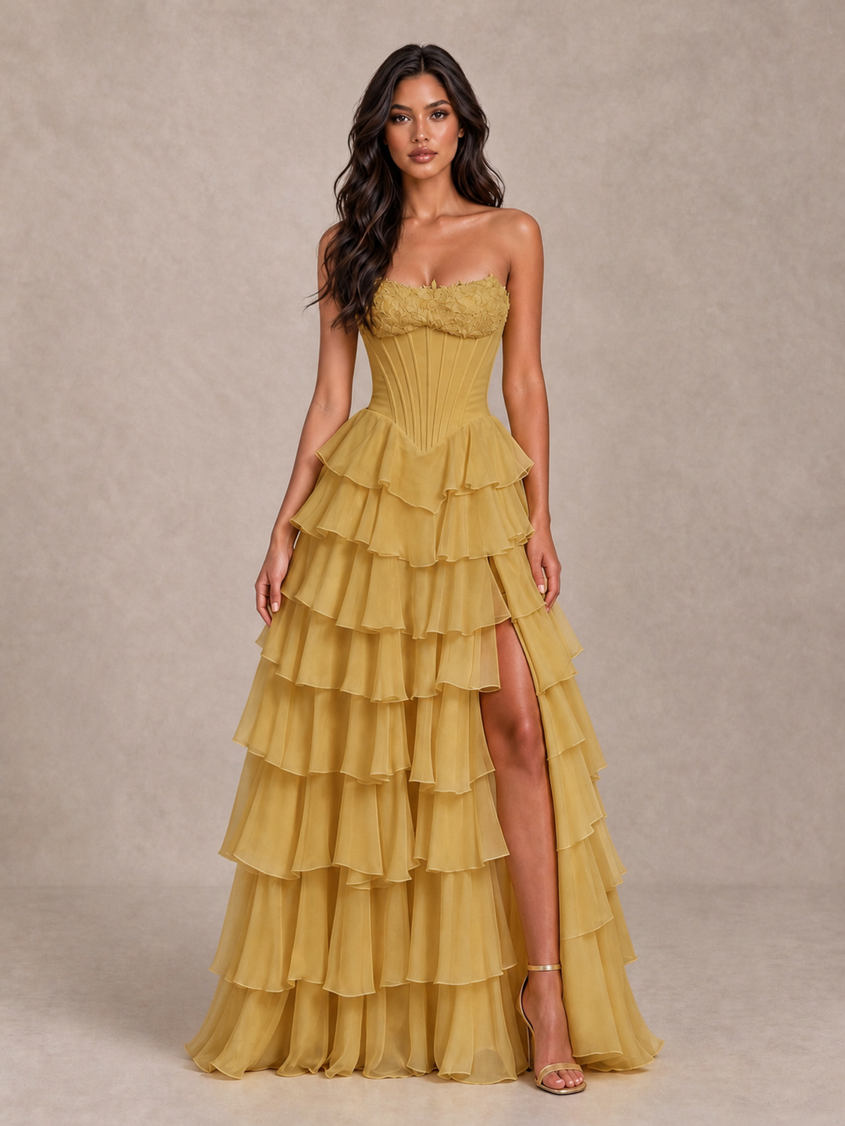 BOLODOO Gold Strapless Corset Tiered Ruffle Prom Dress with High Slit - Gold - Gold_4