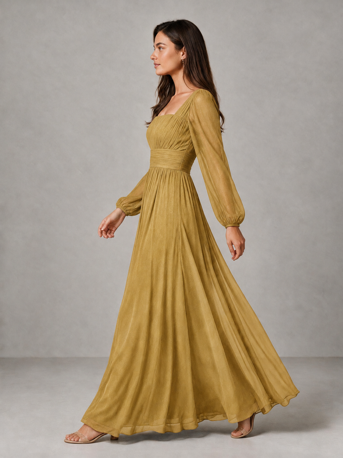 BOLODOO Gold Square Neck Long Sleeve Chiffon Bridesmaid Dress - Gold - Gold_4