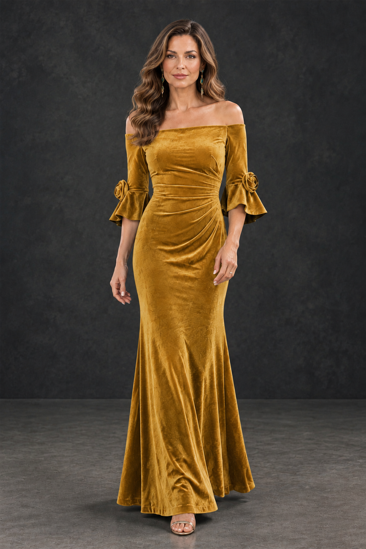 BOLODOO Gold Velvet Mother of the Bride Dress with Rosette Sleeves - Gold - Gold_4