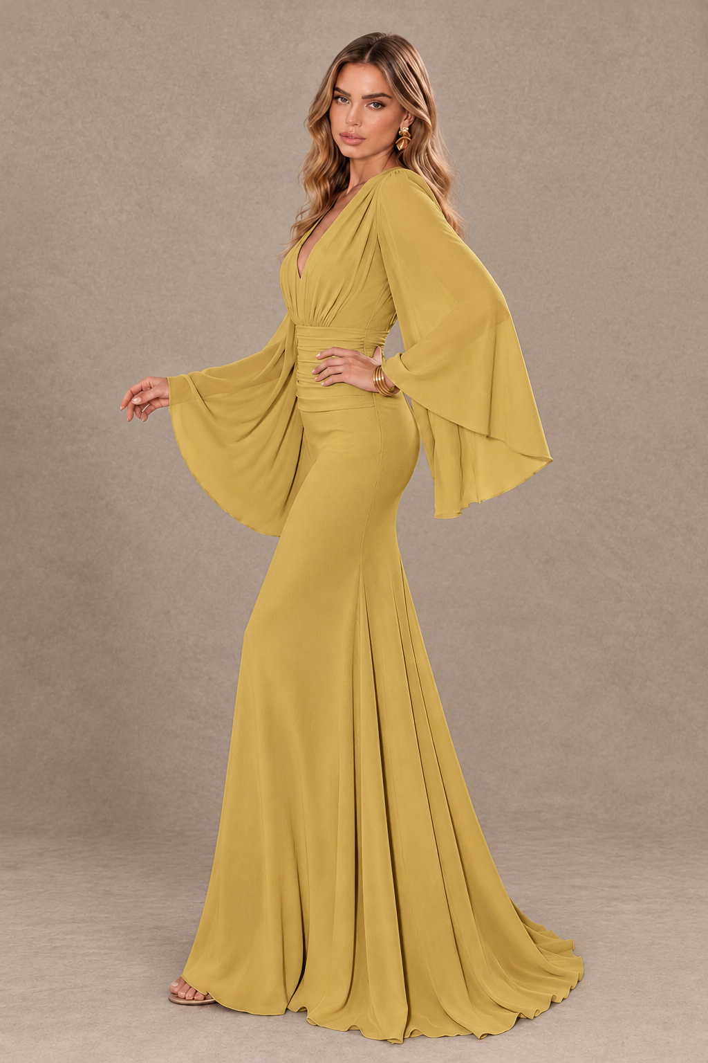 BOLODOO Gold Cape Sleeve V-Neck Ruched Chiffon Evening Dress - Gold - Gold_4