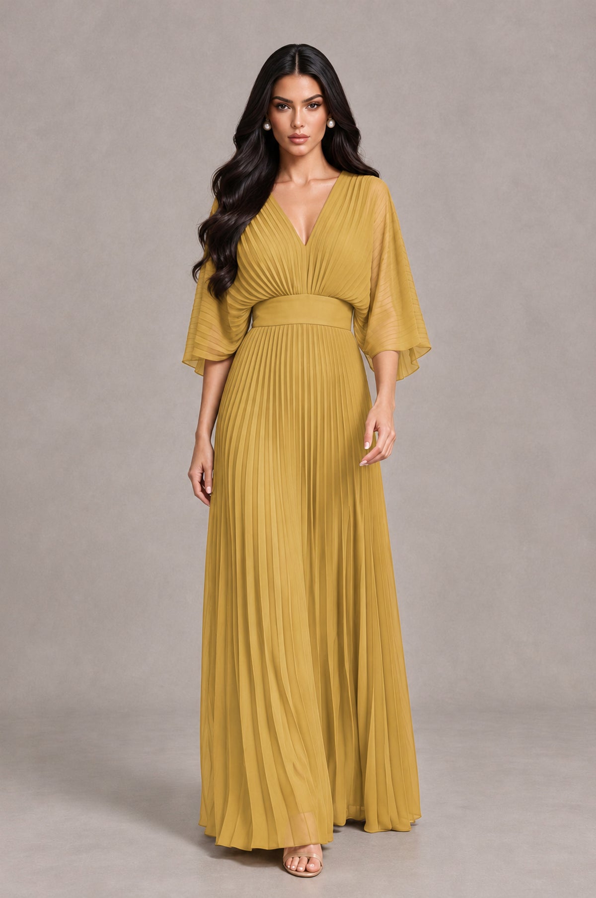 BOLODOO Gold V-Neck Pleated Flutter Sleeve Formal Dress - Gold - Gold_4