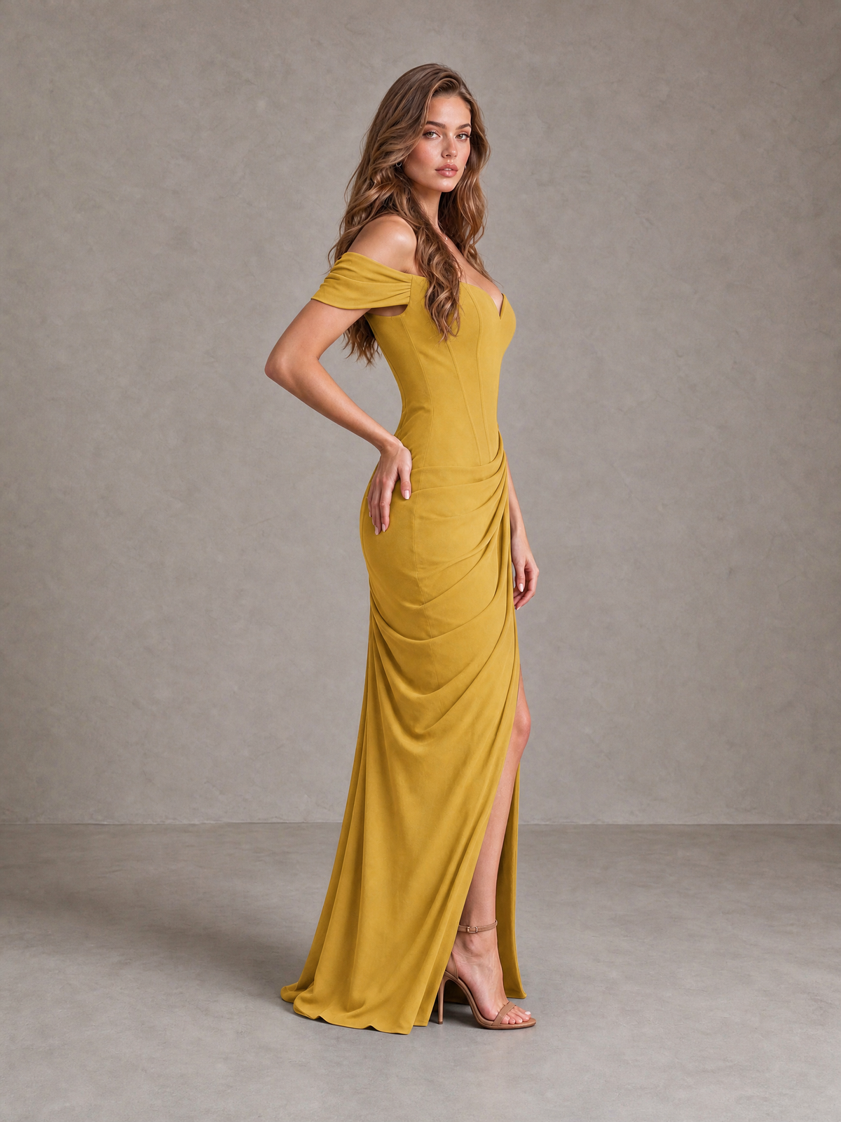 BOLODOO Gold Off-Shoulder Ruched Corset Wedding Guest Dress with Slit - Gold - Gold_4