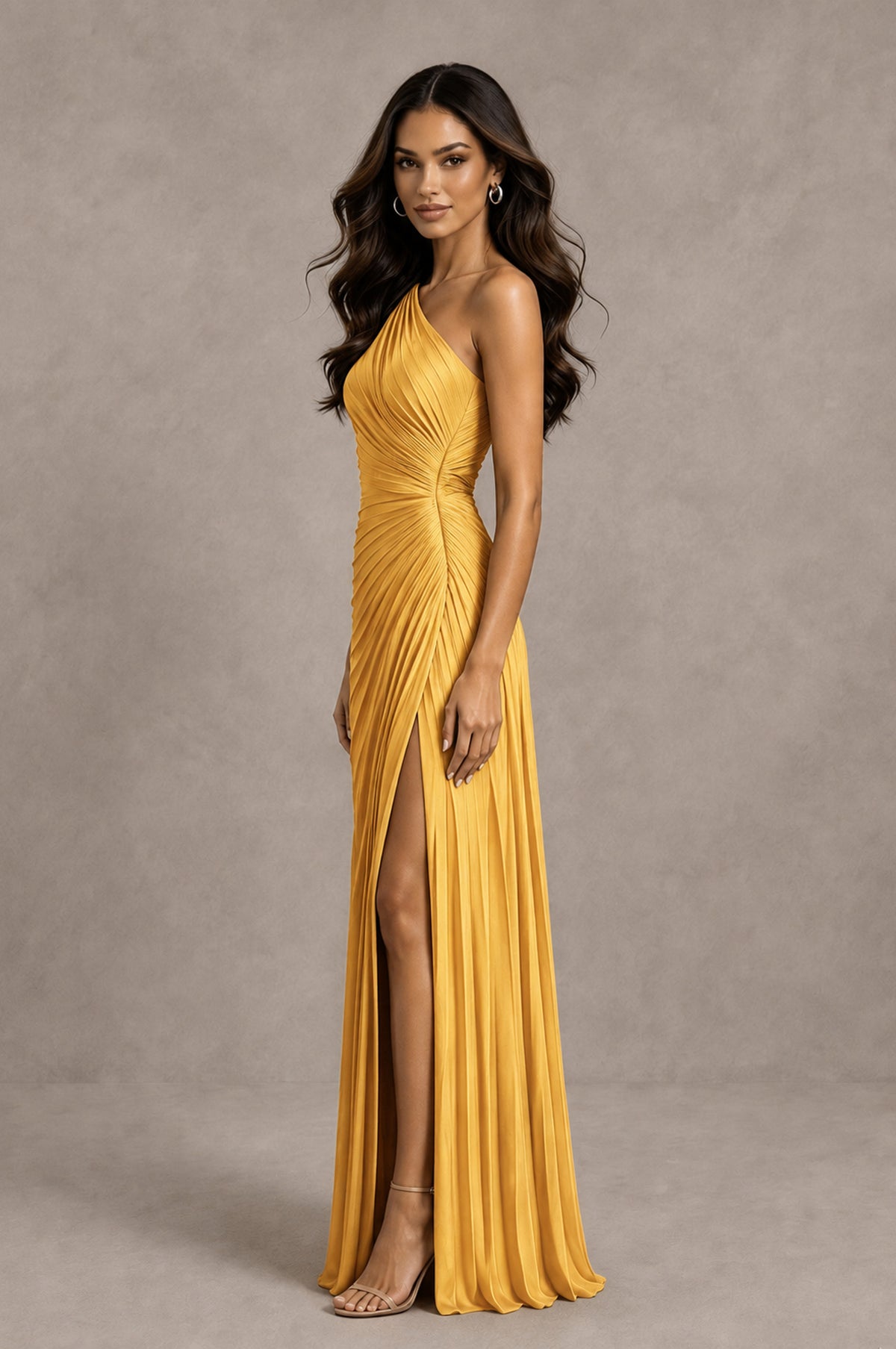 BOLODOO Gold One Shoulder Pleated Evening Dress with Ruched Waist and High Slit - Gold - Gold_4