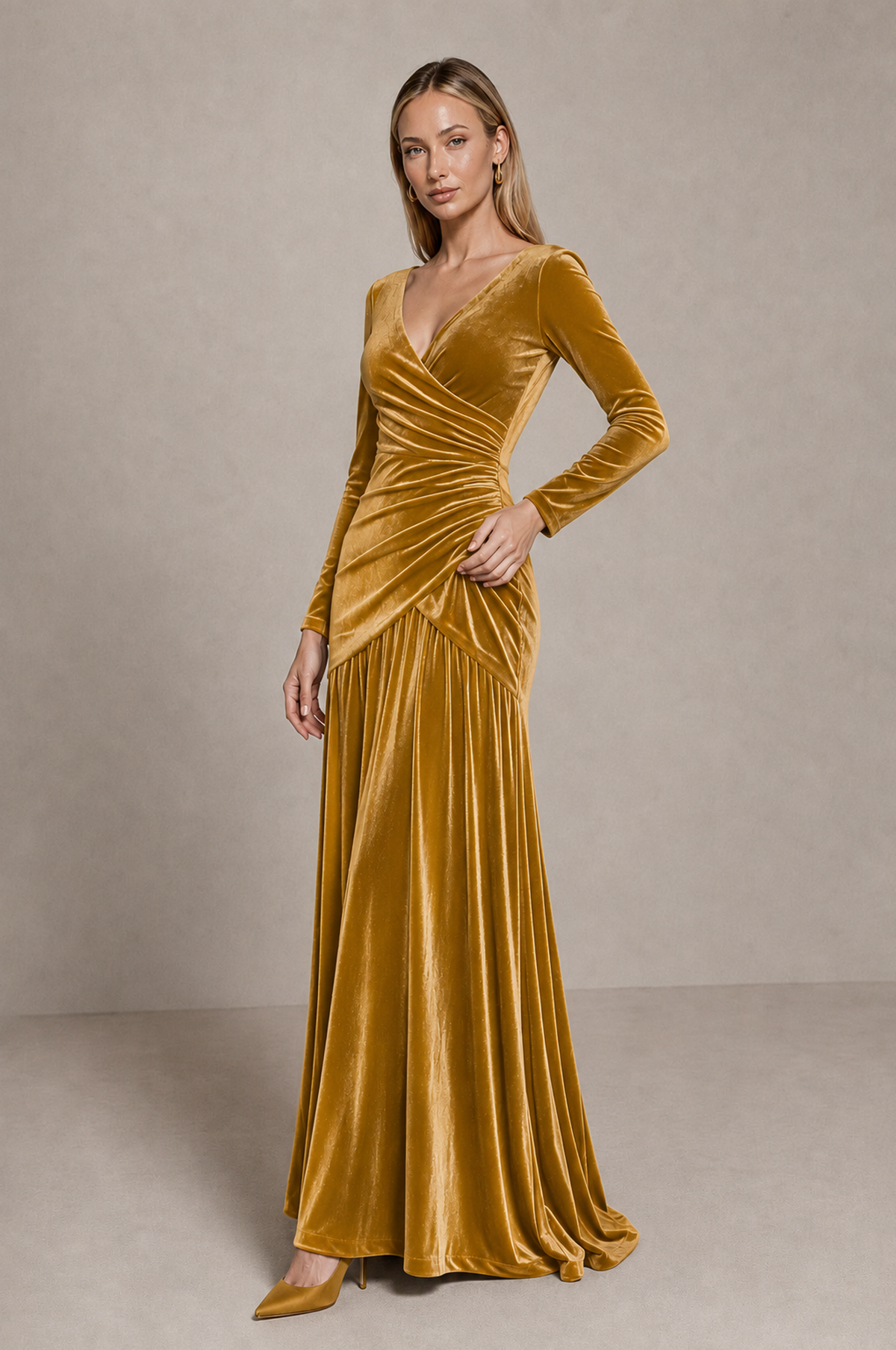 BOLODOO Gold Velvet Long Sleeve V-Neck Ruched Evening Dress - Gold - Gold_4
