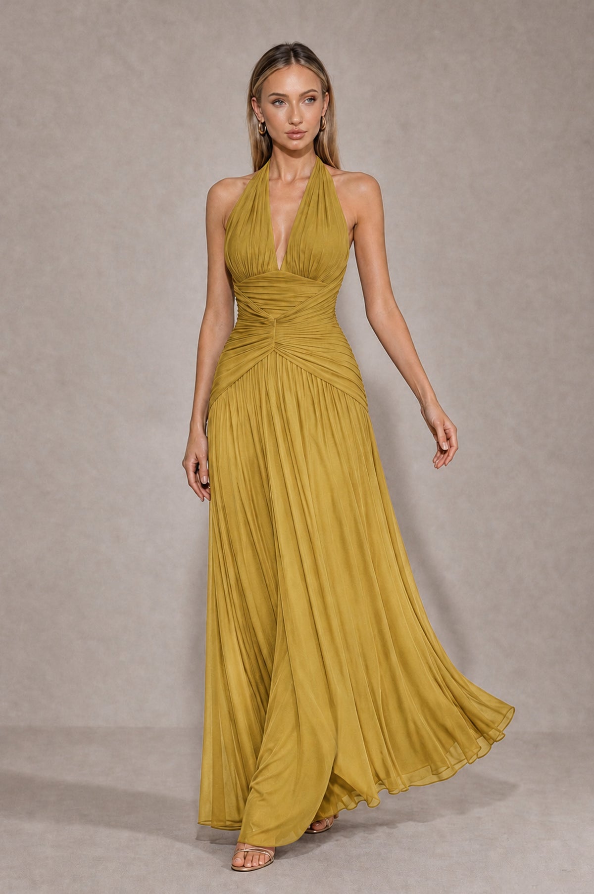 BOLODOO Gold Chiffon Halter Deep V-Neck Ruched A-Line Backless Maxi Dress with Train-BD0167 - Gold - Gold_4