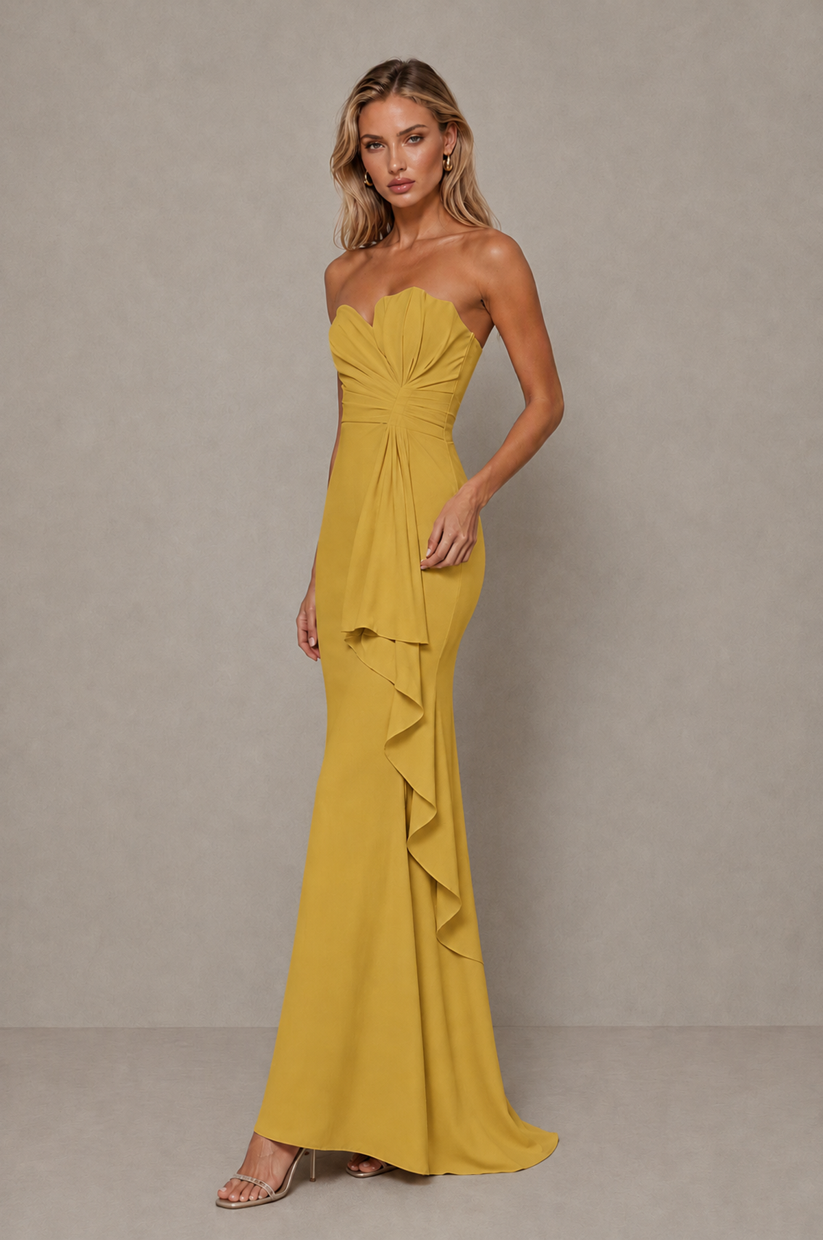 BOLODOO Gold Strapless Sweetheart Ruched Mermaid Gown | Cascade Drape Formal Evening Dress - Gold - Gold_4