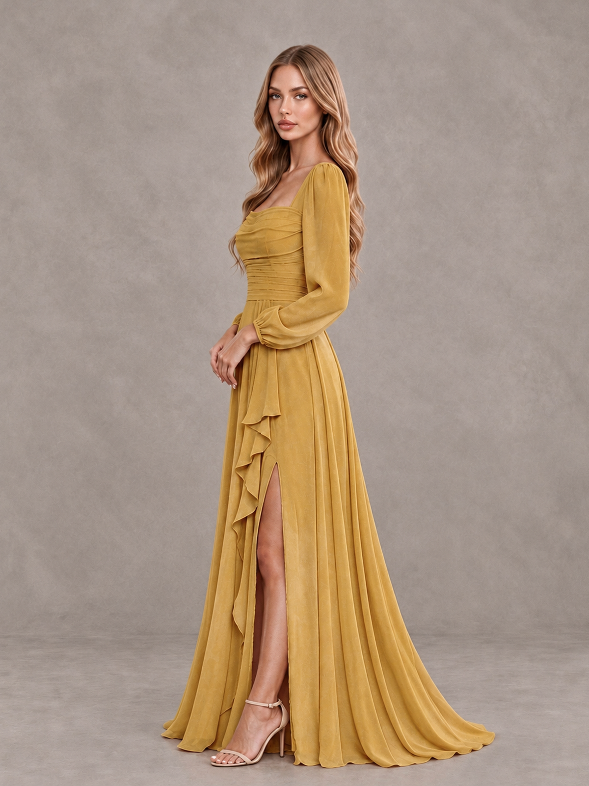 BOLODOO Gold Square Neck Long Sleeve Bridesmaid Dress with Ruffle Slit - Gold - Gold_4