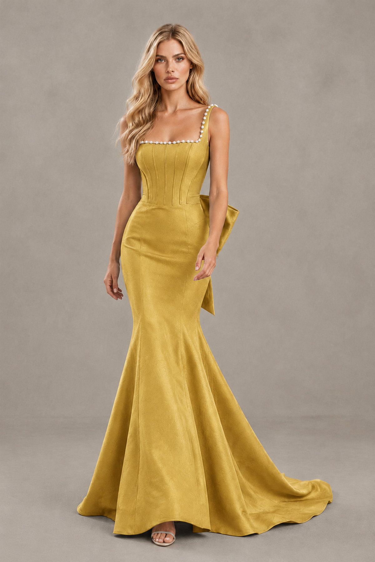 BOLODOO Gold Pearl-Trim Mermaid Prom Dress with Back Bow - Gold - Gold_4