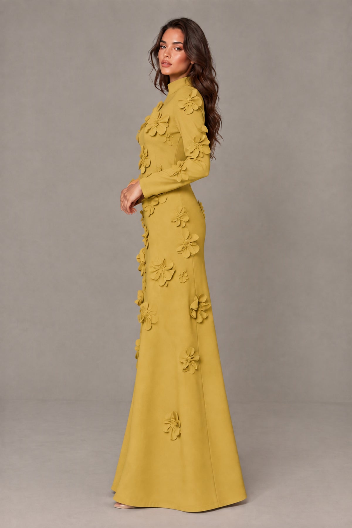 BOLODOO Gold High Neck Long Sleeve 3D Floral Evening Gown - Gold