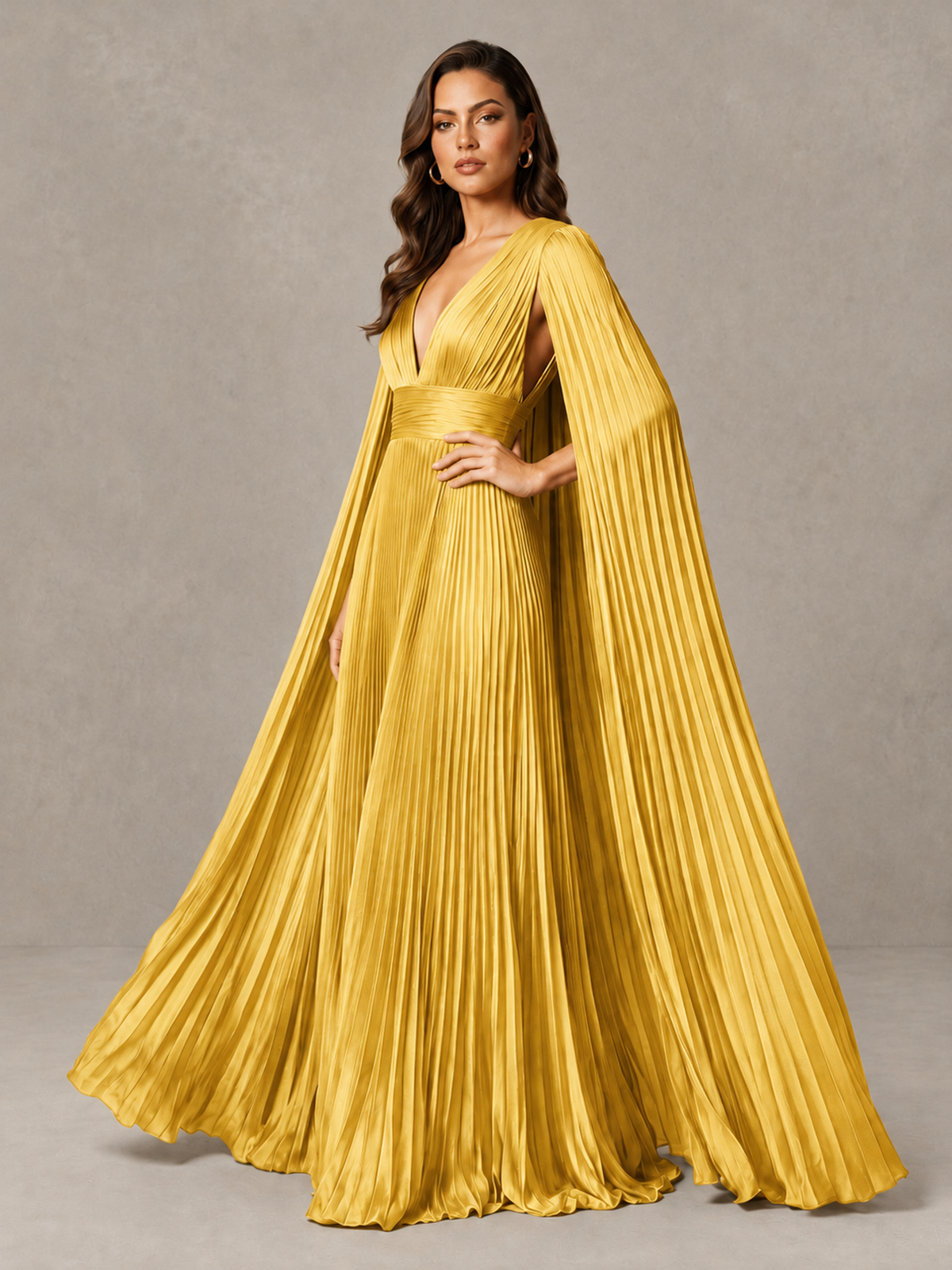 BOLODOO Gold Deep V-Neck Pleated Cape Sleeve Evening Gown - Gold - Gold_4