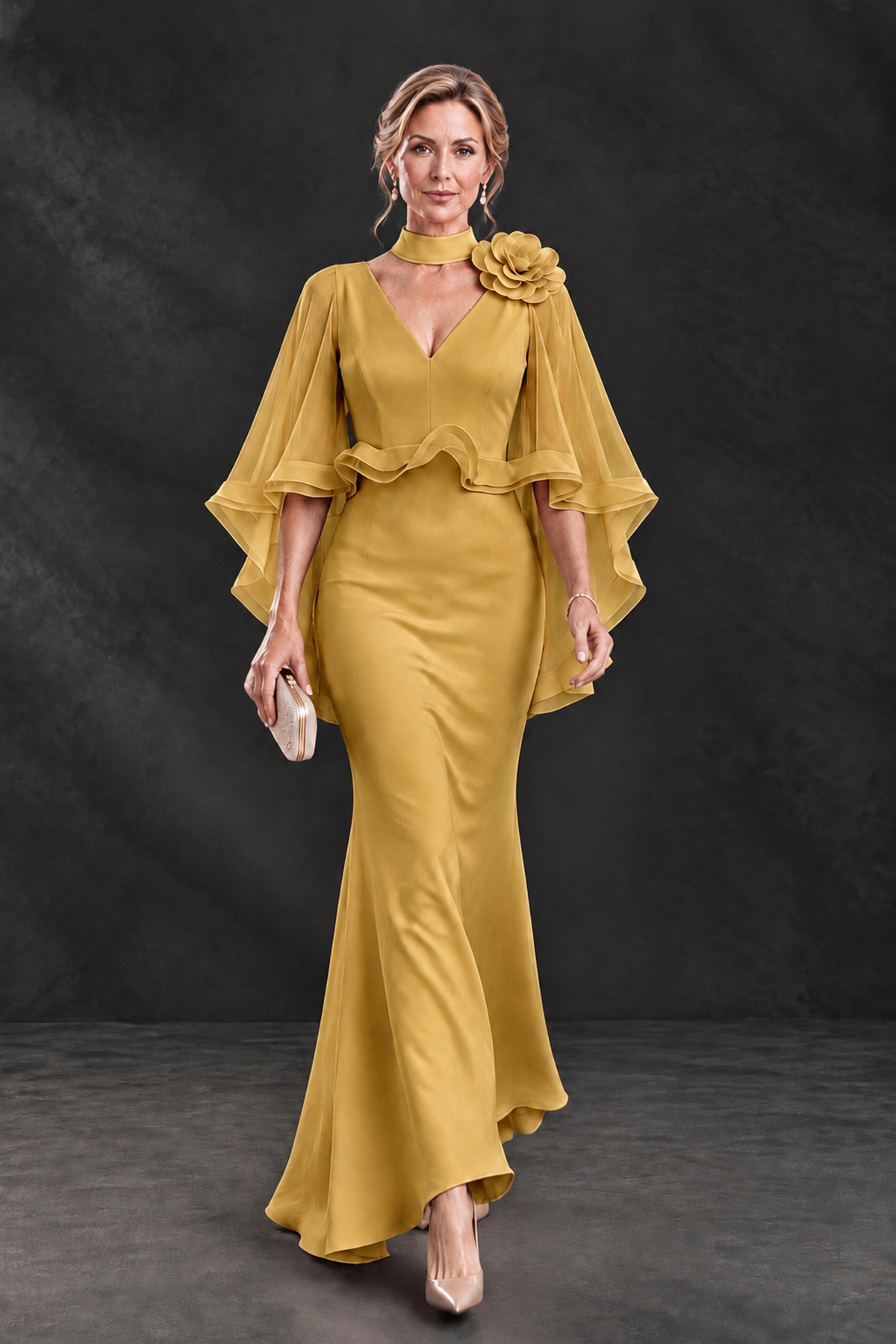 BOLODOO Gold Floral Cape Sleeve Mother of the Bride Dress - Gold - Gold_4