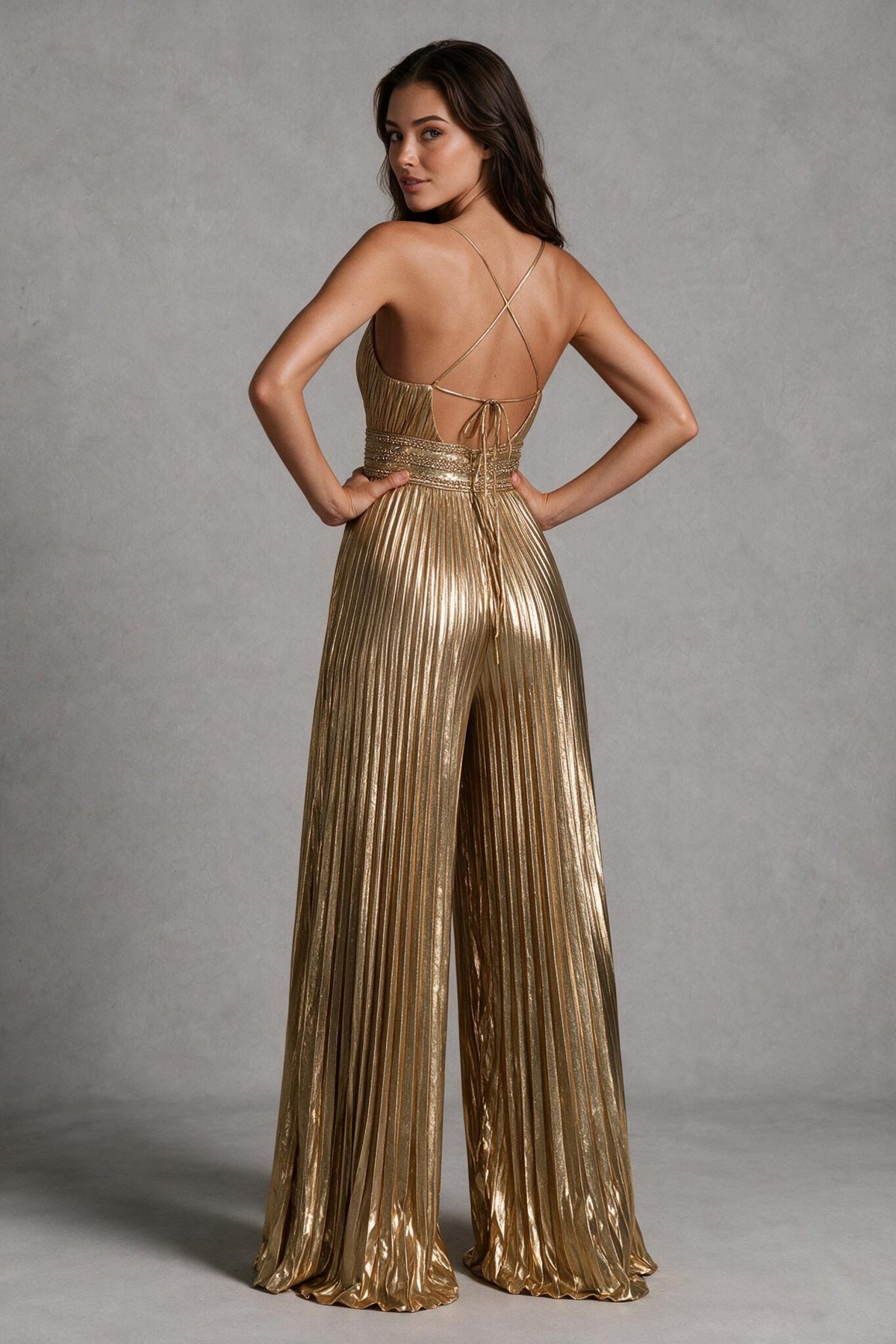 BOLODOO Gold Pleated Wide-Leg Jumpsuit with Open Back - Gold