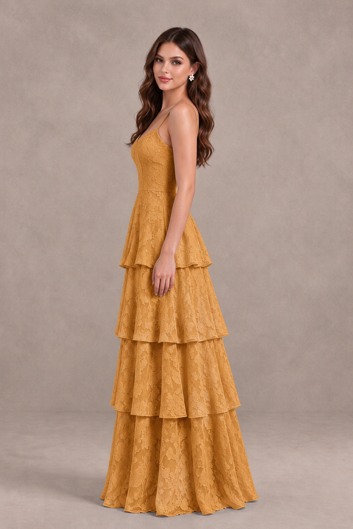 BOLODOO Gold Tiered Floral-Textured Spaghetti Strap Maxi Dress - Gold - Gold_4