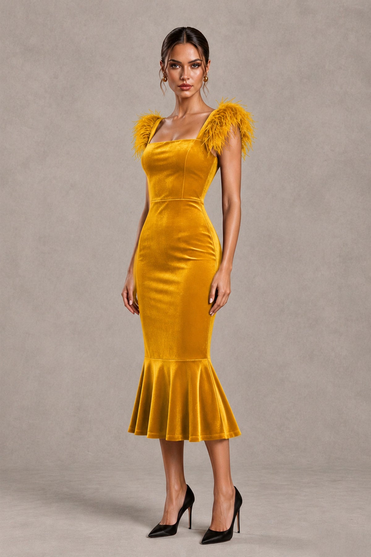BOLODOO Gold Feather-Trim Velvet-Look Mermaid Midi Dress - Gold - Gold_4