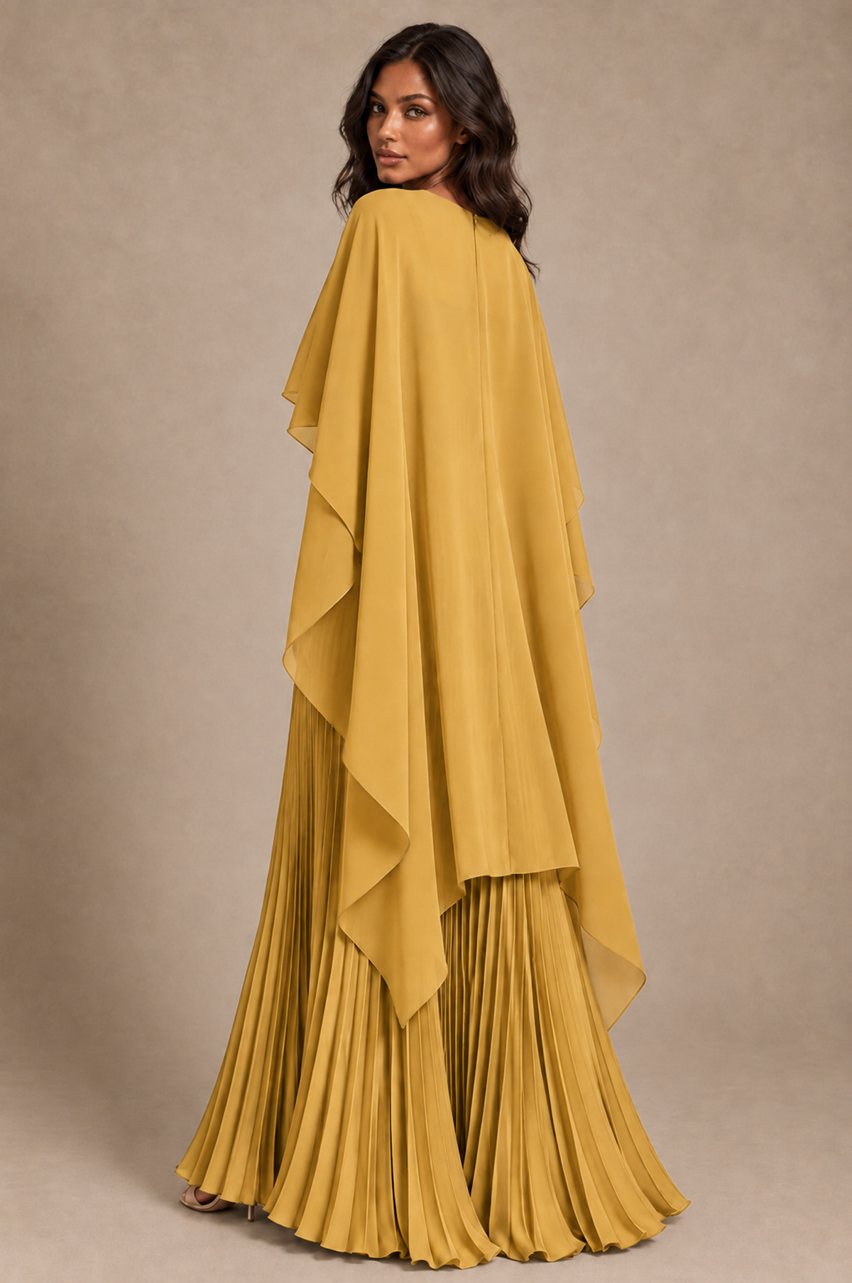 BOLODOO Gold Pleated Cape A-Line Evening Dress - Gold - Gold_4