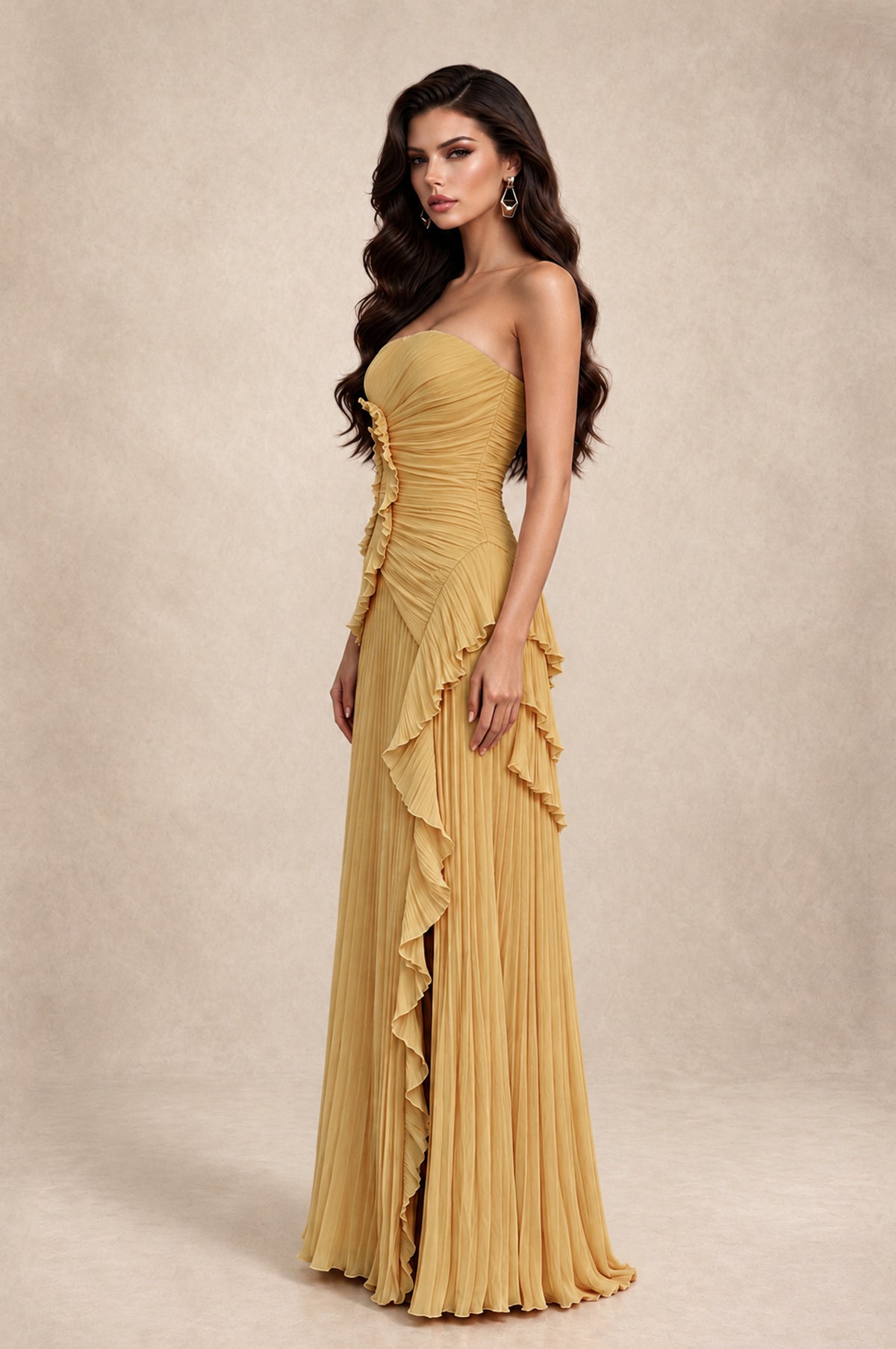 BOLODOO Gold Strapless Ruffle Pleated Slit Evening Gown - Gold - Gold_4