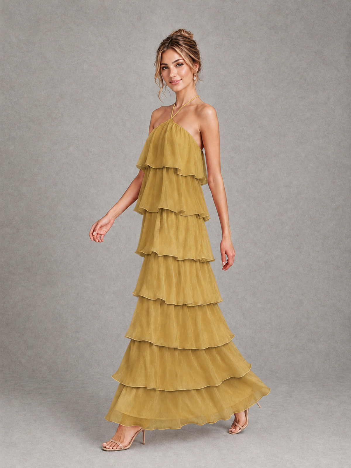 BOLODOO Gold Halter Tiered Ruffle Maxi Bridesmaid Dress - Gold - Gold_4
