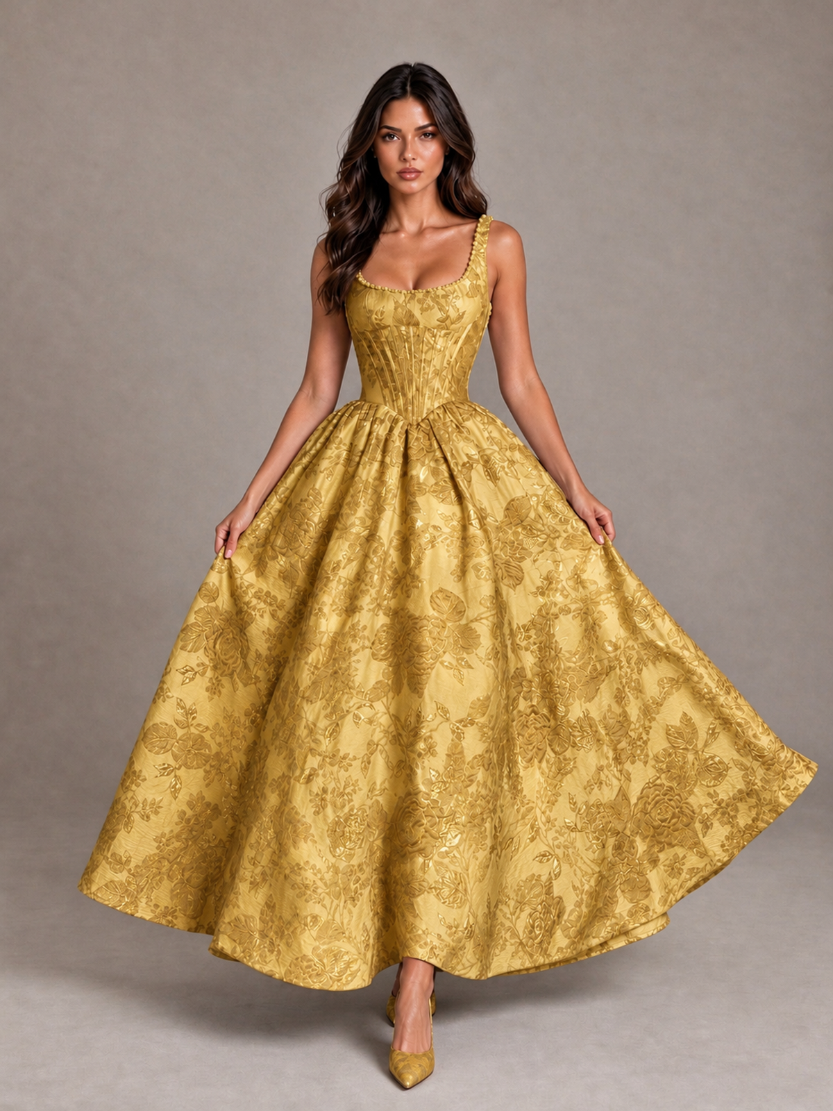 BOLODOO Gold Floral Corset A-Line Prom Dress with Lace-Up Back - Gold - Gold_4