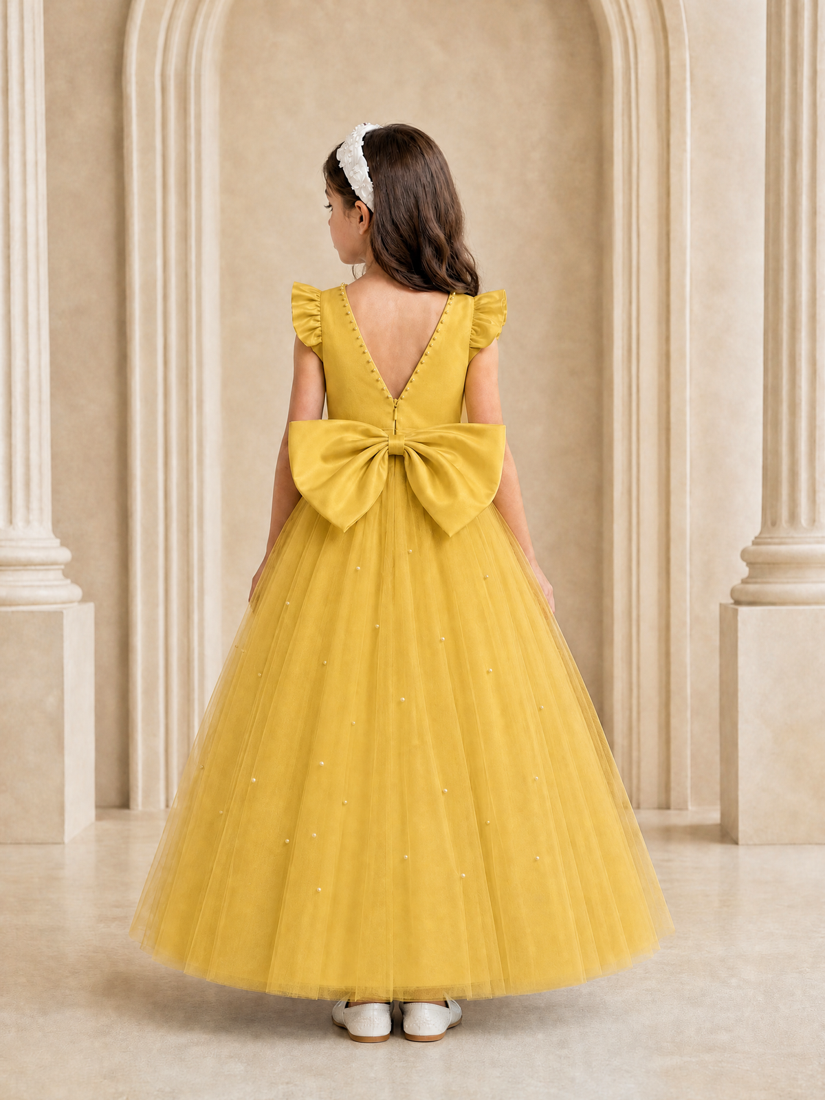 BOLODOO Gold Tulle Flower Girl Dress with Ruffle Sleeves & Bow Back - Gold - Gold_4