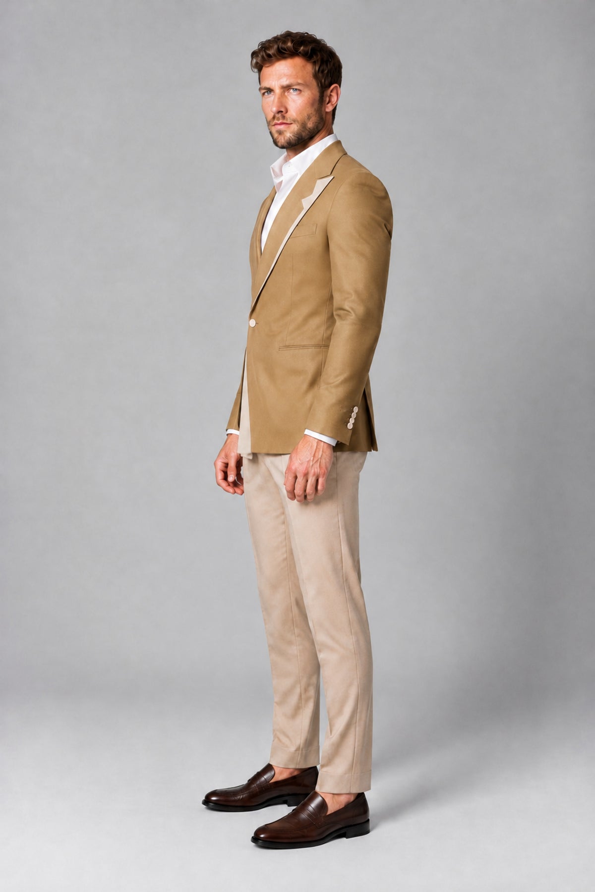 BOLODOO Men's Gold Double-Breasted Blazer & Khaki Trousers Tuxedo 2-Piece Suit Set - Gold - Gold_4