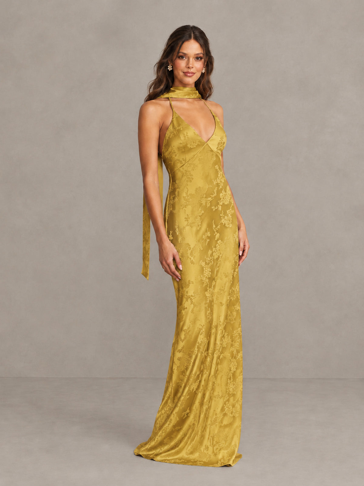 BOLODOO Gold Floral Satin Open-Back Bridesmaid Dress - Gold - Gold_4