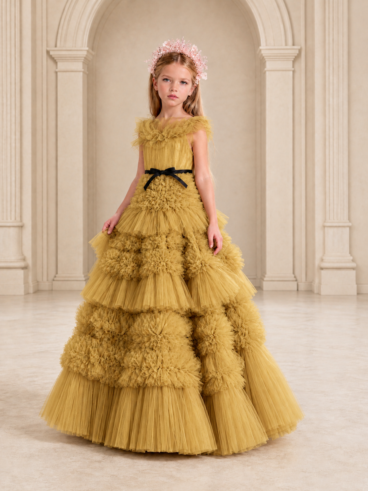 BOLODOO Gold Tiered Tulle Flower Girl Dress with Floral Appliques - Gold - Gold_4