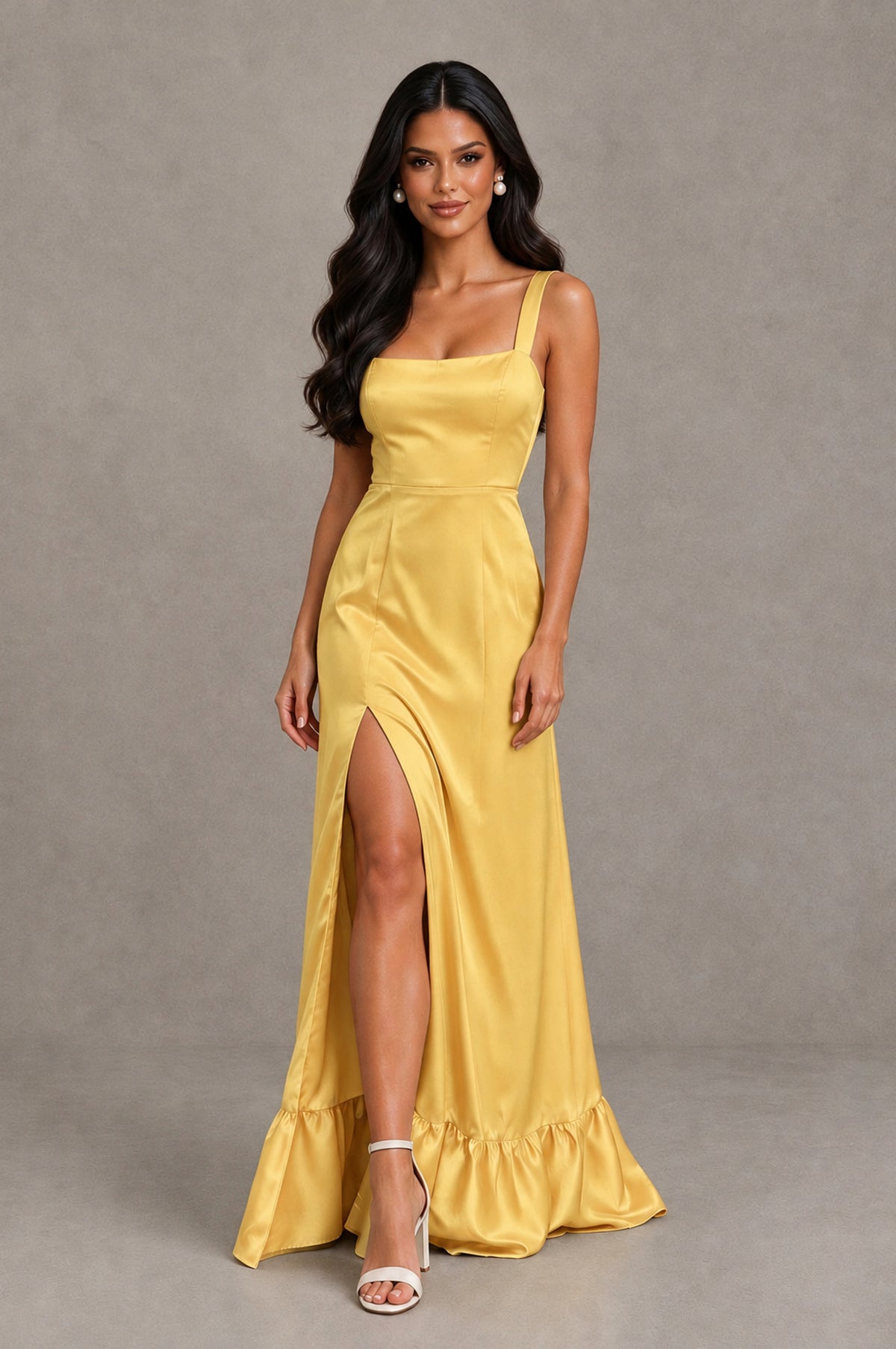 BOLODOO Gold Square Neck Satin Evening Dress with Lace-Up Back and High Slit - Gold - Gold_4