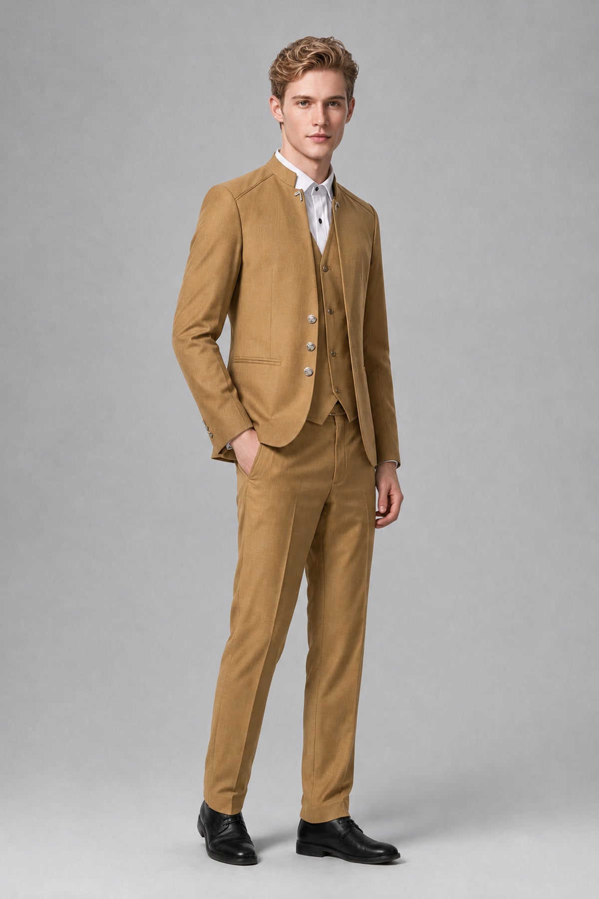 Bolodoo Men's Gold Mandarin Collar 3-Piece Suit – Jacket, Vest & Trousers - Gold - Gold_4