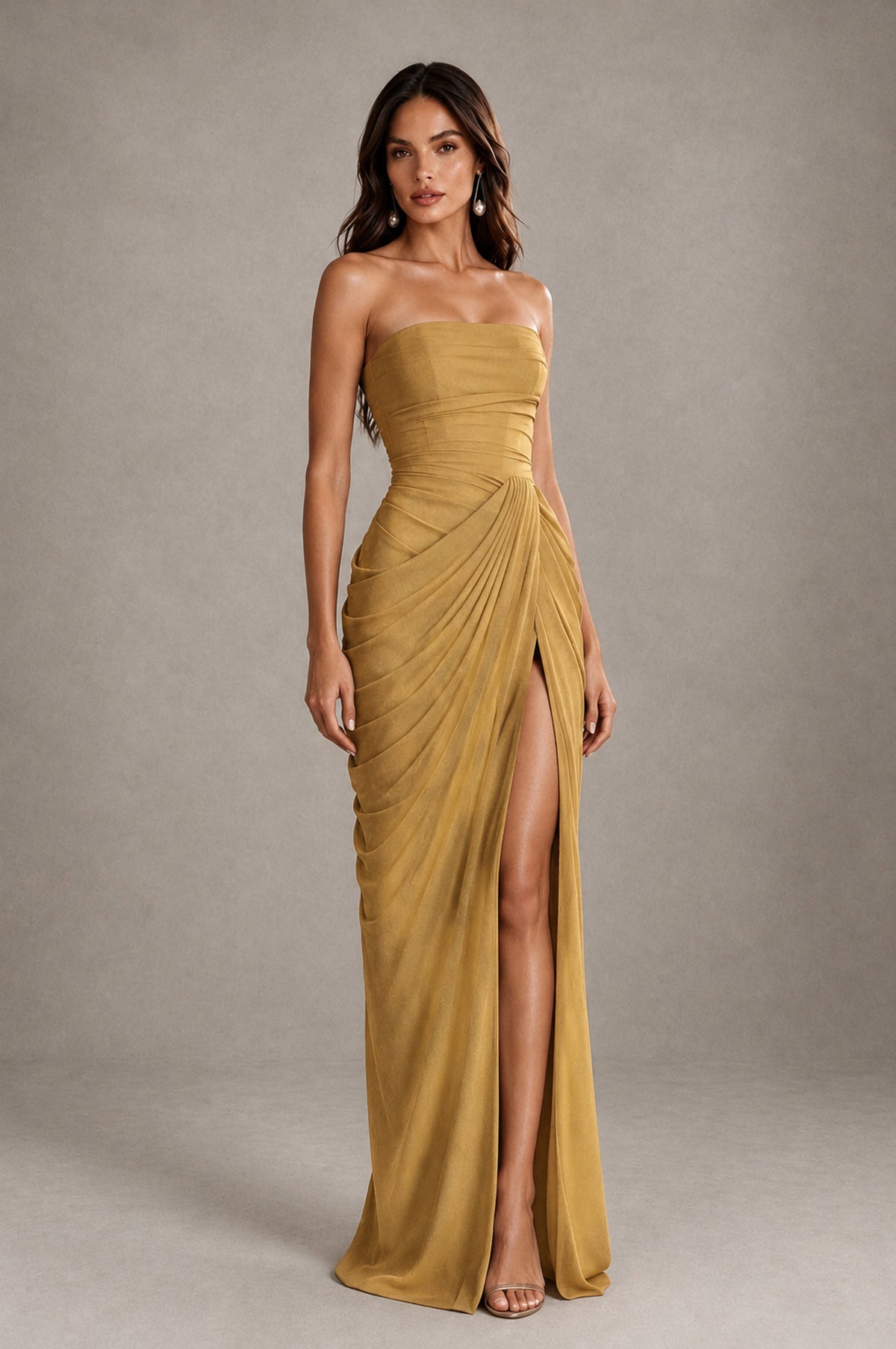 BOLODOO Strapless Draped Maxi Dress - Gold Backless Evening Gown with High Slit - Gold - Gold_4